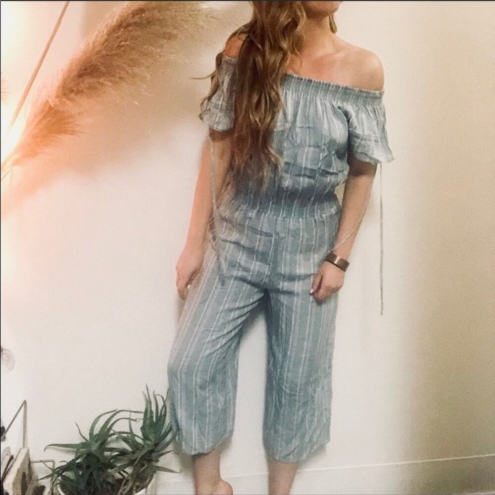 NEW NWT WALTER BAKER Light Blue White Kent Pinstripe Wide Leg Jumpsuit Medium